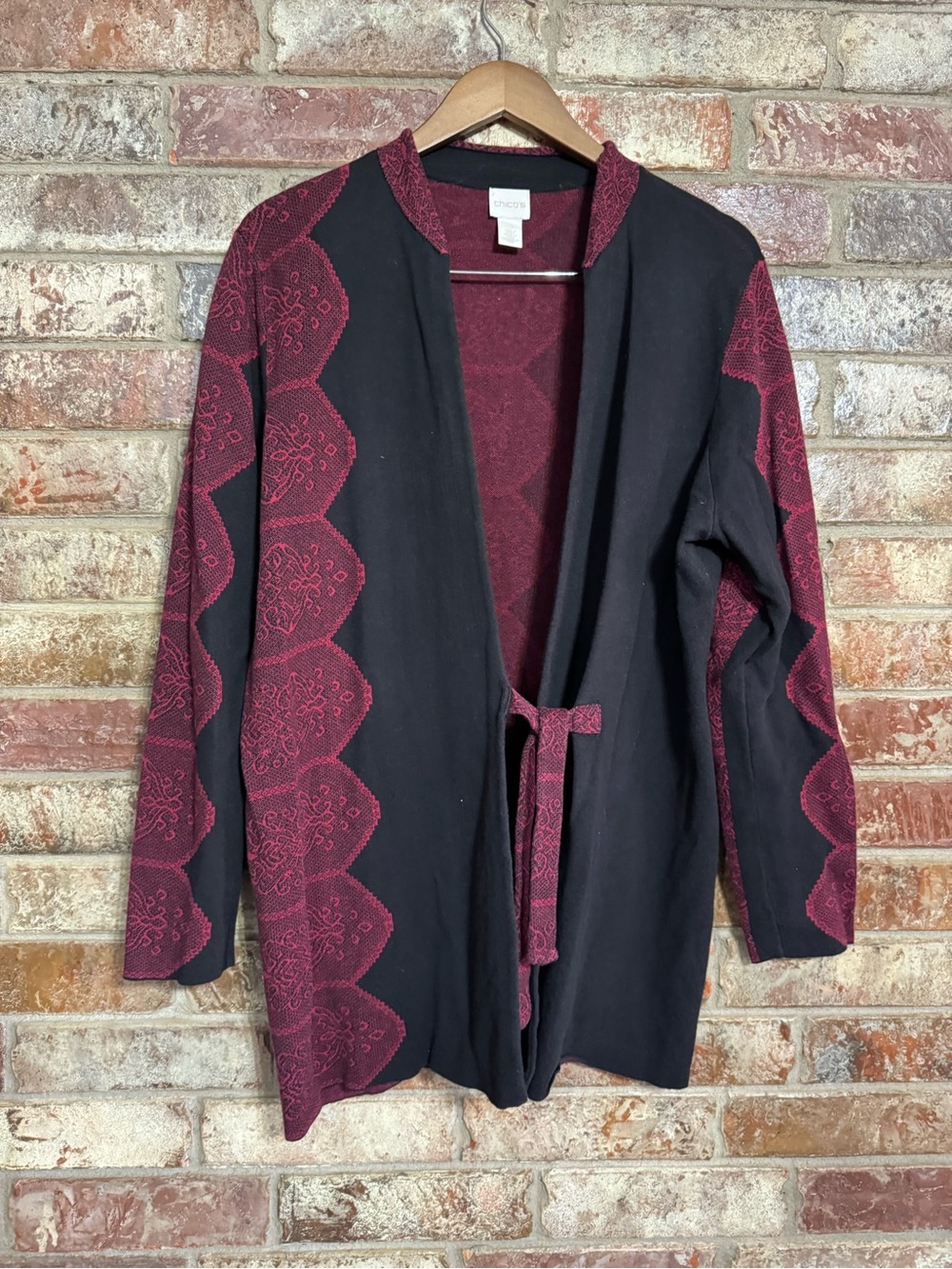 Chico’s  Black & Burgundy Tie-Front Open 100% cotton Cardigan Sweater